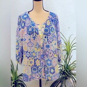 Talbots Women Round Neck Button Front 3/4 Sleeve Pastel Colors Blouse Sz 1X